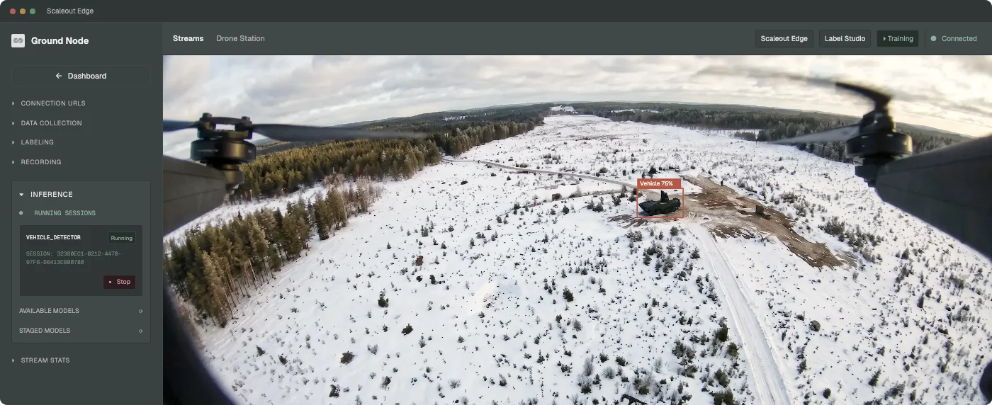 Illustrative Scaleout Edge Ground Node workspace showing a drone view, vehicle detection, and tools for operation and model improvement.
